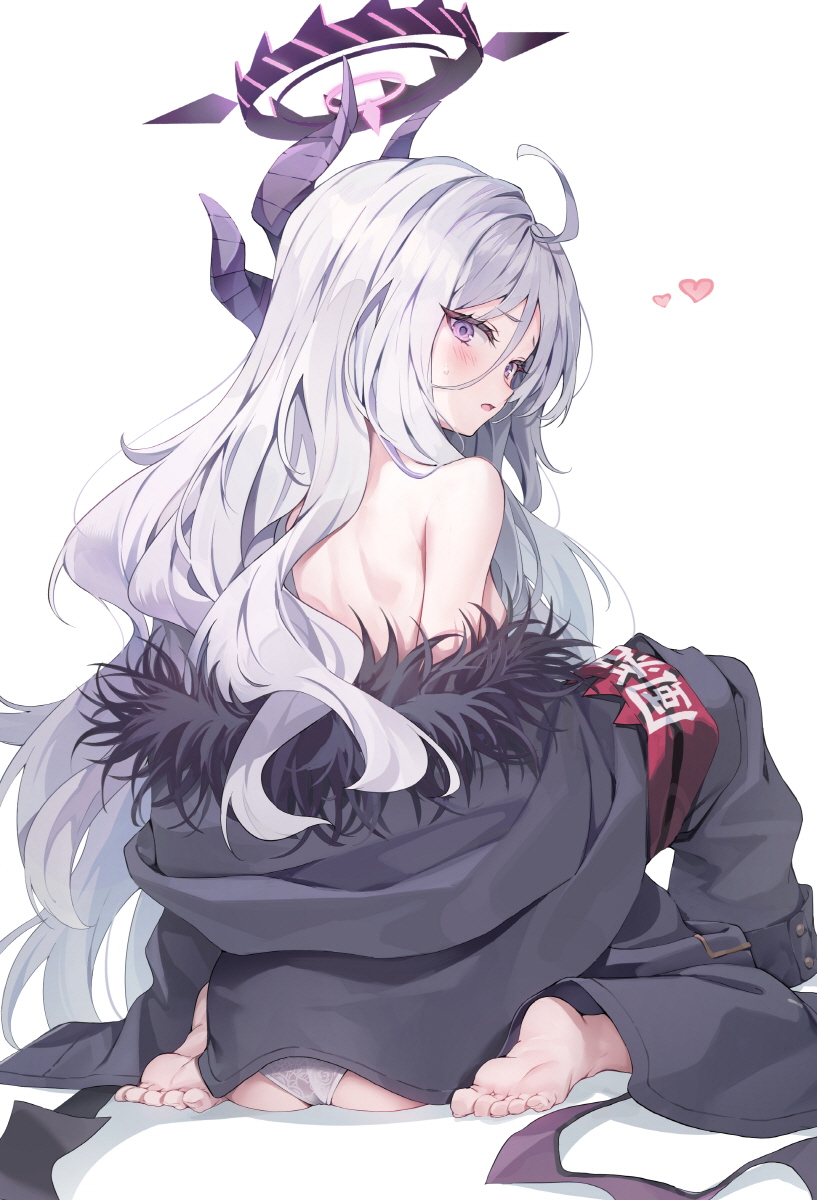 1girl armband ass barefoot black_coat black_horns black_wings blue_archive blush breasts coat demon_horns demon_wings fur-trimmed_coat fur_trim grey_hair halo heart highres hina_(blue_archive) horns huwari_(dnwls3010) long_hair looking_at_viewer looking_back multiple_horns open_mouth panties purple_eyes red_armband simple_background small_breasts soles solo toes underwear white_background white_panties wings