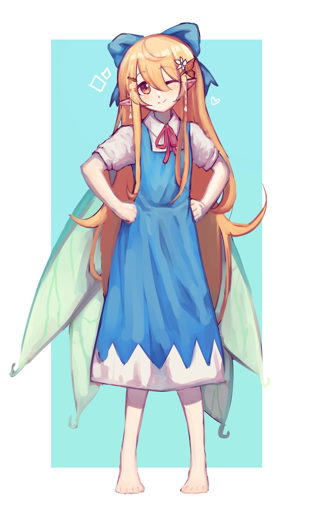 1girl barefoot blonde_hair blue_bow blue_dress bow brown_eyes cirno cirno_(cosplay) clenched_hands cosplay dress fairy fairy_wings flat_chest hair_bow hands_on_own_hips highres jess_(p2eocene) long_hair nijisanji nijisanji_en one_eye_closed pointy_ears pomu_rainpuff smile solo touhou very_long_hair virtual_youtuber wings