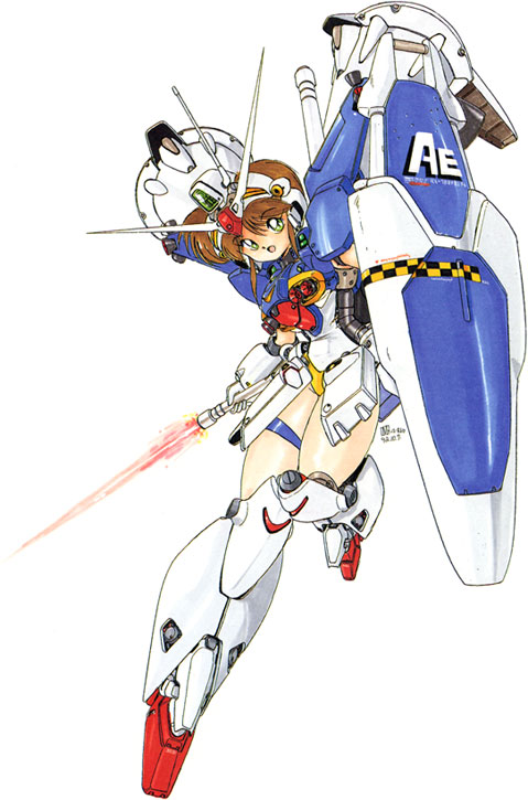 1990s_(style) akitaka_mika energy_sword brown_hair gundam gundam_0083 gundam_gp-01_full_vernian_zephyranthes mecha_musume shield weapon