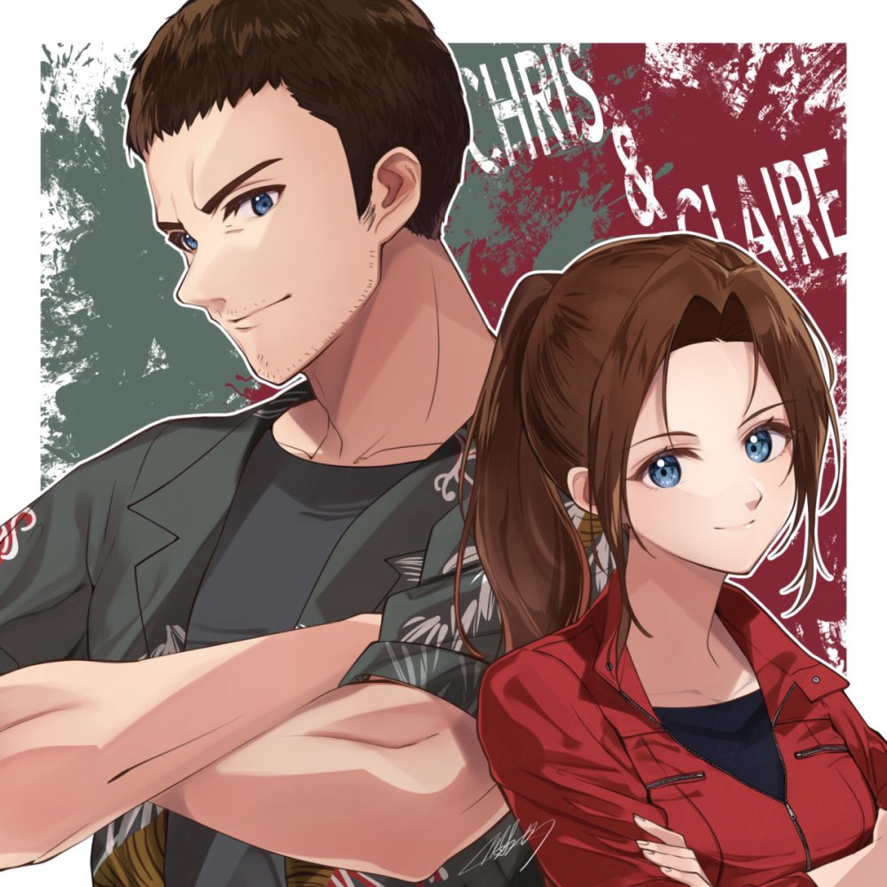 1boy 1girl black_shirt blue_eyes brother_and_sister character_name chris_redfield claire_redfield closed_mouth collarbone crossed_arms green_skirt jacket looking_at_viewer mar0maru parted_bangs ponytail red_jacket resident_evil resident_evil:_death_island shirt short_hair siblings skirt smile upper_body v-shaped_eyebrows