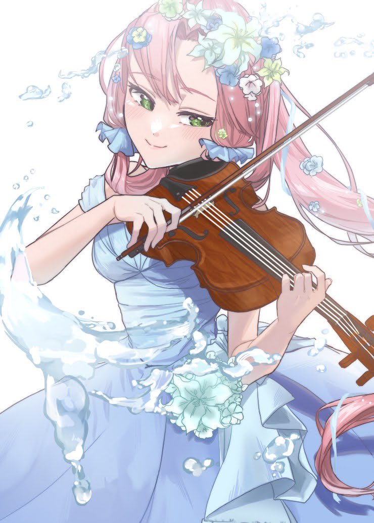 1girl aogirism aria_(manga) blue_dress blush bow_(music) breasts closed_mouth commentary_request dress eyelashes feet_out_of_frame flower green_eyes hair_flower hair_ornament hair_scrunchie hands_up holding holding_instrument instrument long_hair medium_breasts mizunashi_akari music off-shoulder_dress off_shoulder official_alternate_costume parted_bangs pink_hair playing_instrument scrunchie smile solo very_long_hair violin water white_background