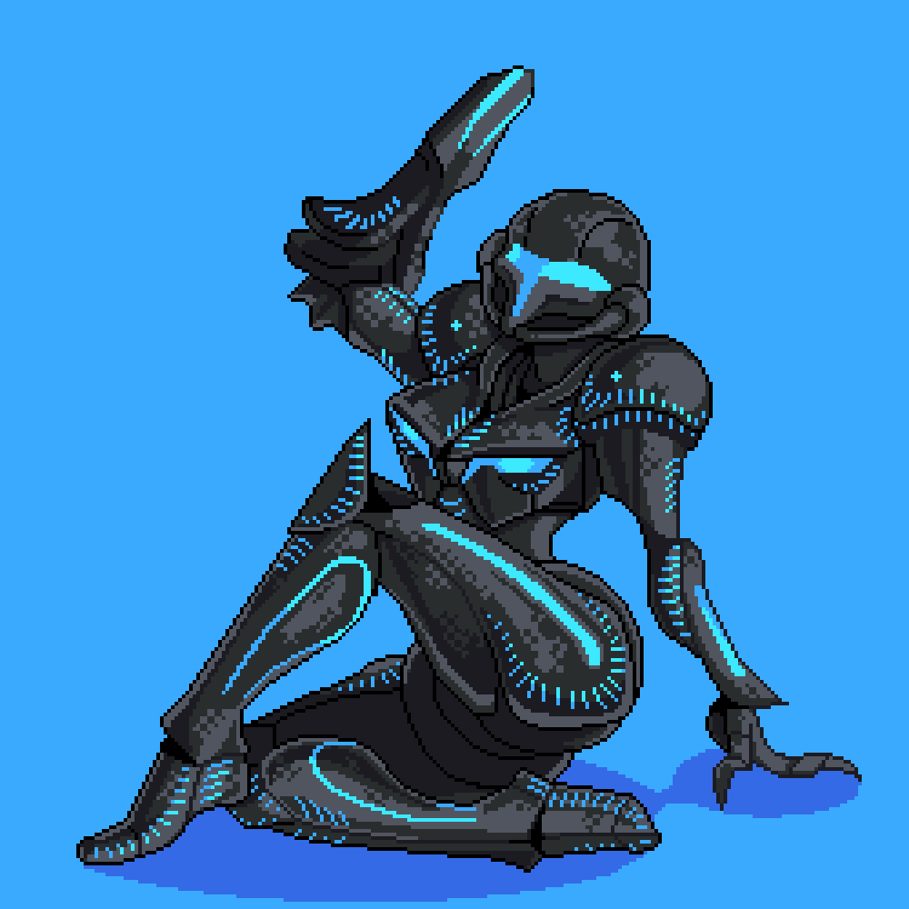 1girl animated animated_gif arm_cannon armor assault_visor blue_background blue_visor breathing commentary crossed_legs dark_persona dark_samus electricity english_commentary full_body g_(jiskeyjasket) helmet limited_palette looping_animation metroid metroid_prime_3:_corruption nintendo pauldrons phazon pixel_art power_armor shadow shoulder_armor simple_background sitting solo weapon