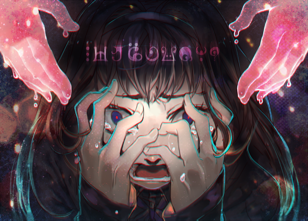 akemi_homura akemi_homura_(magical_girl) black_hair close-up disembodied_hand hairband hands_on_own_face long_hair madoka_runes mahou_shoujo_madoka_magica noahxica open_mouth purple_eyes solo tearing_up traumatized