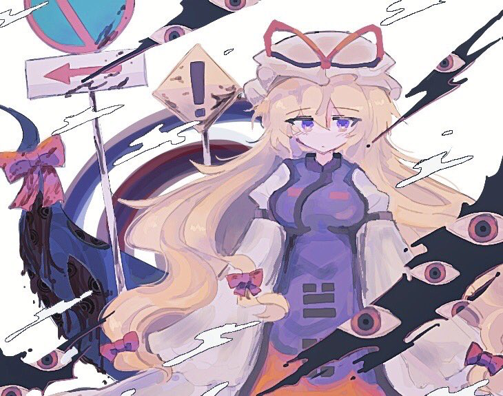 1girl arm_strap arms_at_sides bad_id bad_pixiv_id big_hair blonde_hair bow breasts dress expressionless female_focus flame_print gap_(touhou) gradient_eyes hair_bow hat hat_ribbon long_hair looking_at_viewer mashiro_(4otofu4) mob_cap multicolored_eyes ooze purple_eyes red_eyes red_ribbon ribbon road_sign sign solo tabard touhou trigram very_long_hair white_background white_dress white_hat wide_sleeves yakumo_yukari yellow_eyes yin_yang yin_yang_print