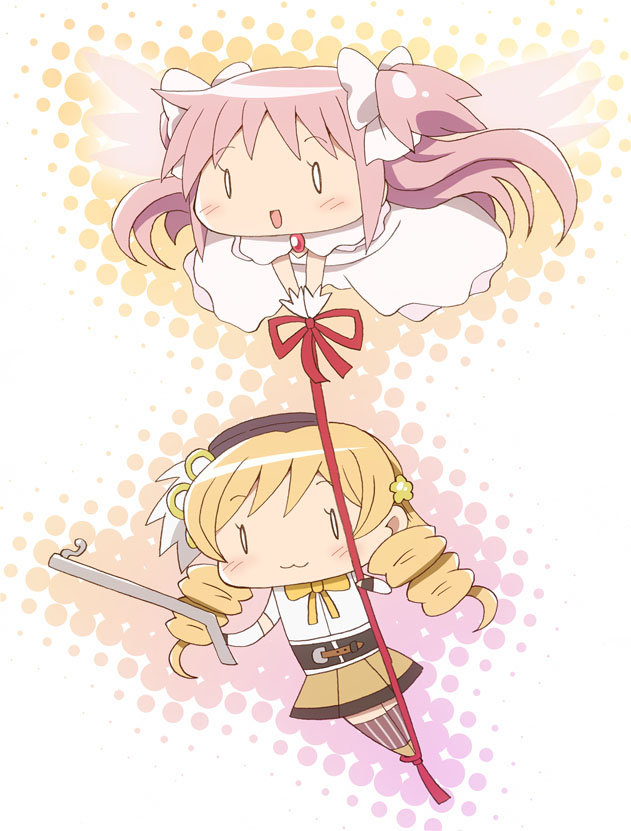 0_0 10s 2girls :3 beret blonde_hair dress drill_hair hair_ornament hair_ribbon hat kaname_madoka long_hair mahou_shoujo_madoka_magica mahou_shoujo_madoka_magica_(anime) multiple_girls open_mouth pink_hair ribbon skirt smile spoilers tomoe_mami tomoe_mami_(magical_girl) twin_drills twintails two_side_up ultimate_madoka white_dress yoshiwo_(kanikama)