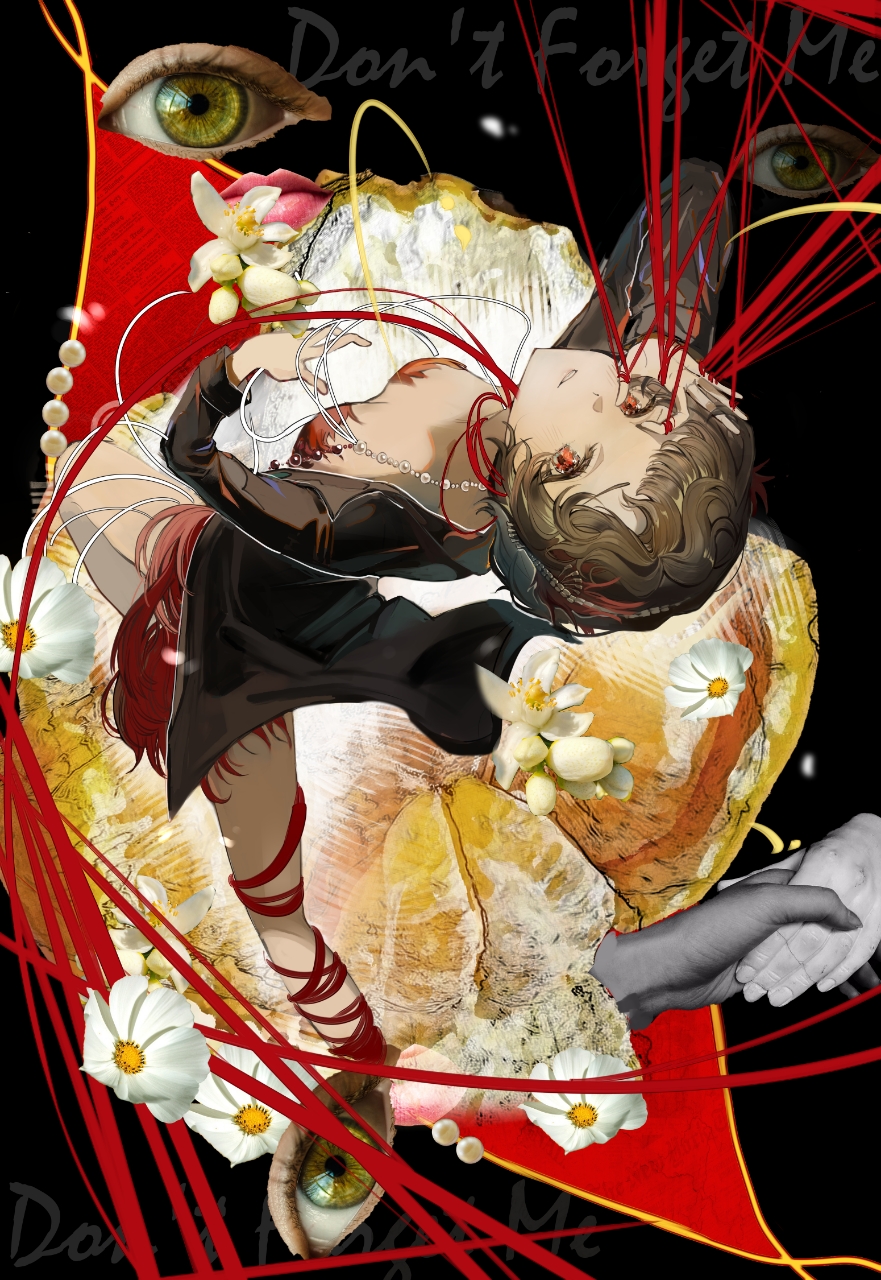 1girl arm_up black_background black_coat black_hair breasts cleavage coat curly_hair dress english_text eye_print feather_dress feathers flower food frog_hair_ornament from_above fruit full_body hair_ornament hairband hands_up highres jewelry knee_up leaning_back leg_up long_sleeves looking_at_viewer necklace ok_sign ok_sign_over_eye open_clothes open_coat orange_(fruit) orange_slice parted_lips pop_art red_dress red_eyes red_feathers red_rope reverse:1999 revision rope schneider_(reverse:1999) short_dress short_hair solo standing standing_on_one_leg white_flower whoa_fuwa