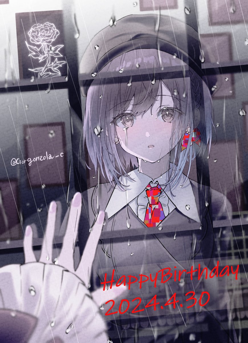 1girl against_glass birthday brown_cardigan brown_eyes brown_hair brown_hat cabbie_hat cardigan collared_shirt commentary_request crying dated dot_nose flower frilled_sleeves frills glass gorgonzola_c grey_shirt hand_on_glass happy_birthday hat highres long_sleeves necktie open_mouth pink_nails project_sekai rain red_necktie reflection rose shinonome_ena shirt solo twitter_username upper_body water_drop window