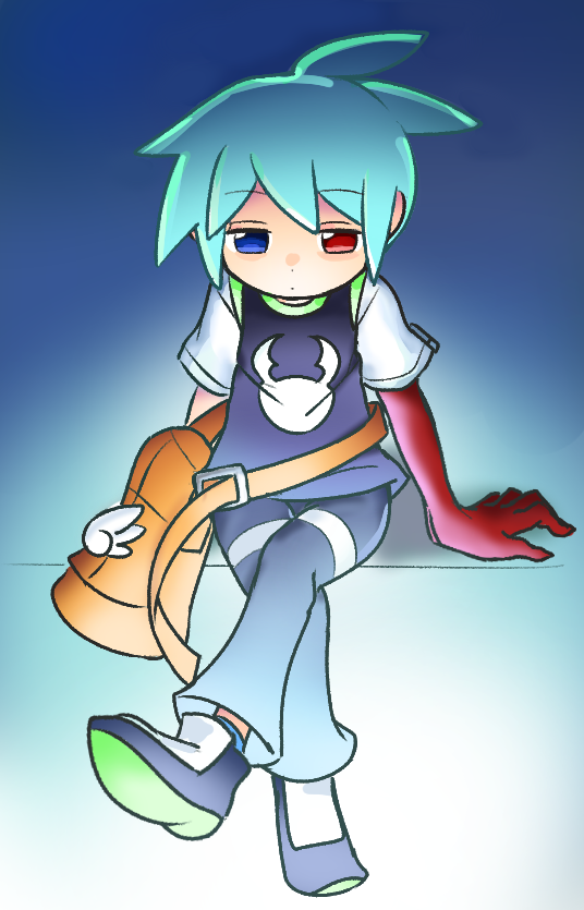 1boy antenna_hair arms_at_sides blue_background blue_eyes blue_hair brown_bag closed_mouth crossed_legs dot_mouth dot_nose expressionless full_body gradient_background heterochromia male_focus pants print_shirt puyopuyo puyopuyo_20th_anniversary radial_gradient_background rasu_(pixiv9799832) red_eyes shirt shoes short_hair short_sleeves sig_(puyopuyo) sitting solo straight-on tareme two-tone_shirt waist_bag