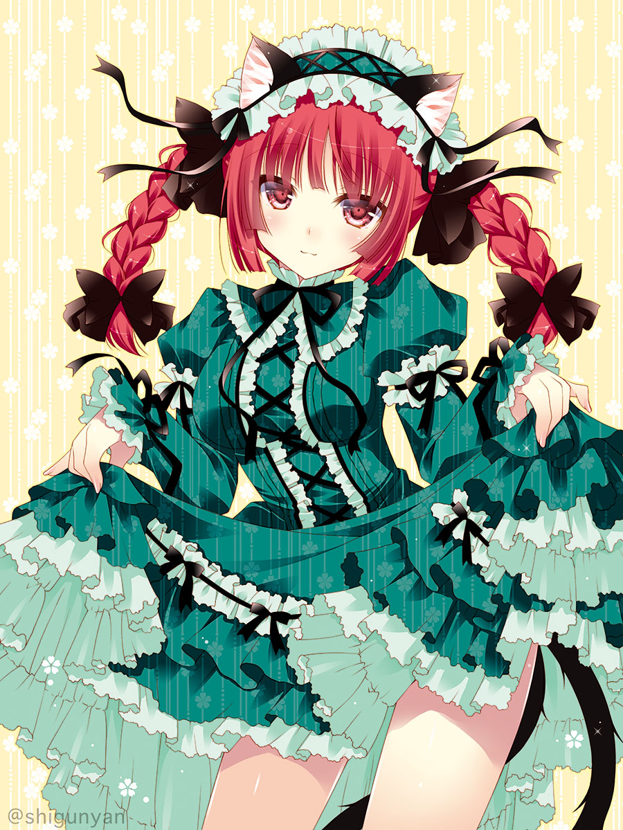 1girl :3 animal_ears artist_name bamboo black_bow black_ribbon bow braid cat_ears cat_tail clothes_lift dress dress_lift floral_background floral_print flower green_dress green_headwear juliet_sleeves kaenbyou_rin legs lifting_own_clothes long_sleeves multiple_tails patterned_background puffy_sleeves red_eyes red_hair ribbon shigunyan shiny_skin signature solo striped_background striped_clothes striped_dress tail touhou twin_braids two_tails yellow_background