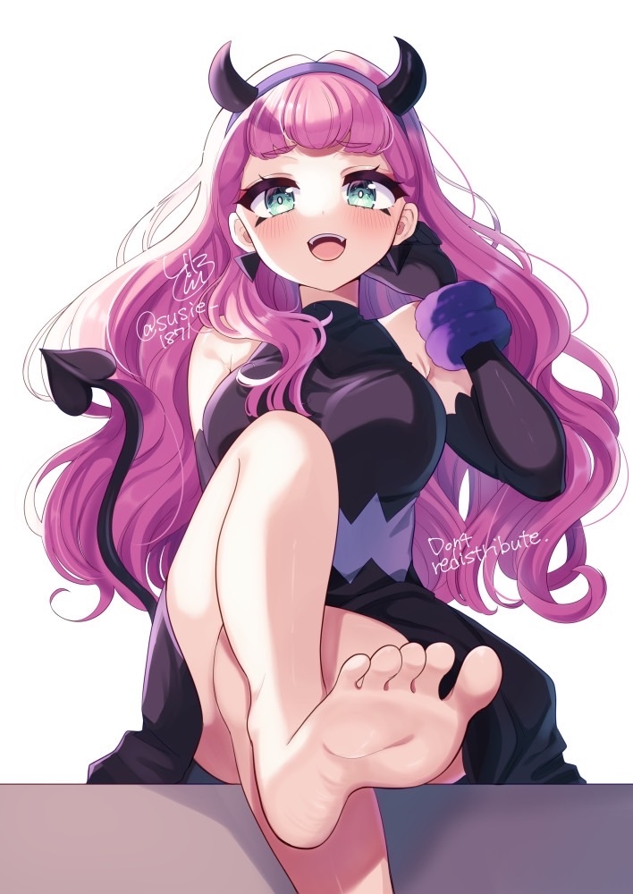 1girl blush bracelet crossed_legs demon_costume demon_horns demon_tail doroshii dress earrings elbow_gloves feet foot_focus gloves green_eyes halloween_costume horns jewelry laura_(precure) laura_la_mer long_hair magical_girl necklace precure purple_hair sitting soles strapless strapless_dress tail toes triangle_earrings tropical-rouge!_precure two-tone_dress white_background