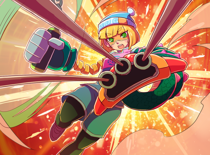 1girl arms_(game) beanie bike_shorts blonde_hair chinese_clothes domino_mask dragon_(arms) facepaint food green_eyes hat hitohito leggings leggings_under_shorts looking_at_viewer mask min_min_(arms) nintendo noodles pantyhose short_hair shorts solo