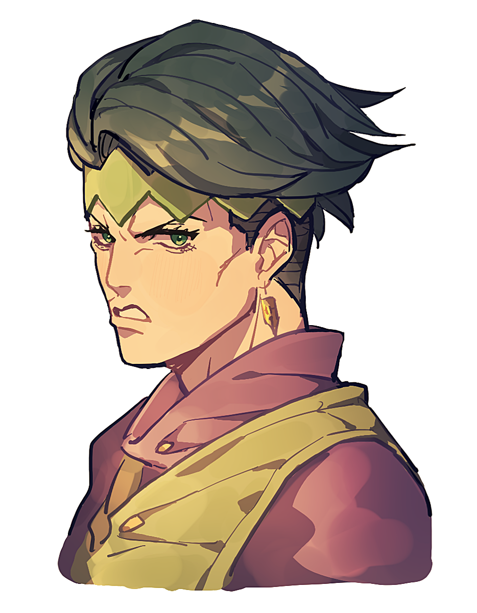 1boy angry black_hair diamond_wa_kudakenai earrings frown green_eyes green_hair headband highres jewelry jojo_no_kimyou_na_bouken kishibe_rohan looking_at_viewer male_focus portrait siniy solo swept_bangs vest