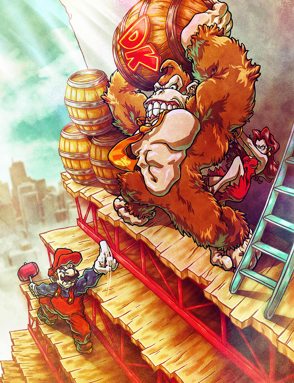 1girl 2boys angry barrel blue_eyes brown_hair building clash construction_site day donkey_kong donkey_kong_(1981_game) donkey_kong_(series) dress earrings facial_hair gloves hammer hat highres jewelry ladder mario mario_(series) multiple_boys mustache necktie nintendo overalls pauline_(mario) red_dress red_eyes sebastianvonbuchwald_(artist) torn_clothes torn_dress