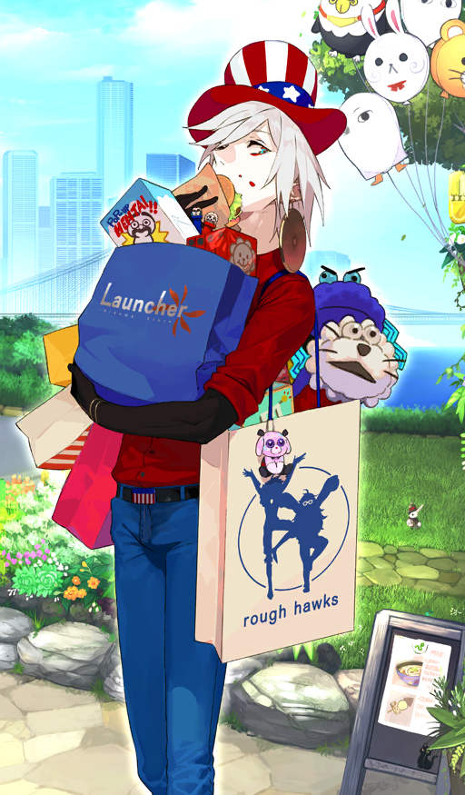 1boy american_flag american_flag_hat american_flag_print aqua_eyes asymmetrical_hair bag balloon belt black_belt black_gloves blue_pants blue_sky bridge building burger buttons character_doll city cloud collared_shirt commentary day doll earrings eating fate/extra fate/extra_ccc fate/grand_order fate_(series) feet_out_of_frame flag_print flower food food_on_face fou_(fate) gloves gold_earrings grass hat helena_blavatsky_(fate) hippogriff_(fate) holding holding_bag holding_food jewelry jinako_carigiri karna_(fate) karna_(traveling_outfit)_(fate) kundala_(fate) looking_to_the_side male_focus medium_hair medjed_(fate) nikola_tesla_(fate) official_art orange_flower outdoors pako_(pakosun) pale_skin pants pez puppet red_hat red_shirt shirt shopping_bag sky sleeves_rolled_up solo standing striped_hat sunlight third-party_source thomas_edison_(fate) top_hat tree white_hair white_hat