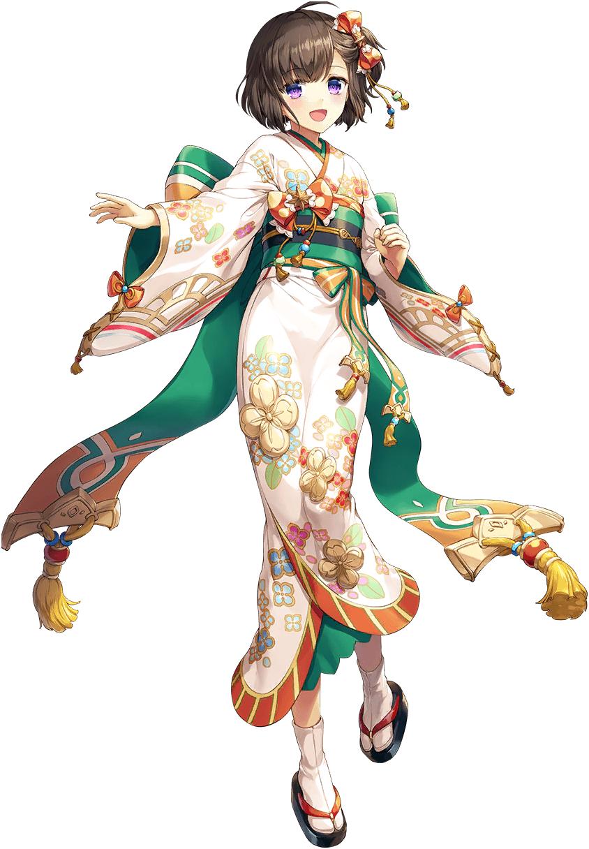 1girl ahoge artist_request bow breasts brown_hair floral_print full_body game_cg hair_bow highres japanese_clothes kimono liz_(unitia) official_alternate_costume official_art open_mouth purple_eyes sandals solo source_request transparent_background unitia