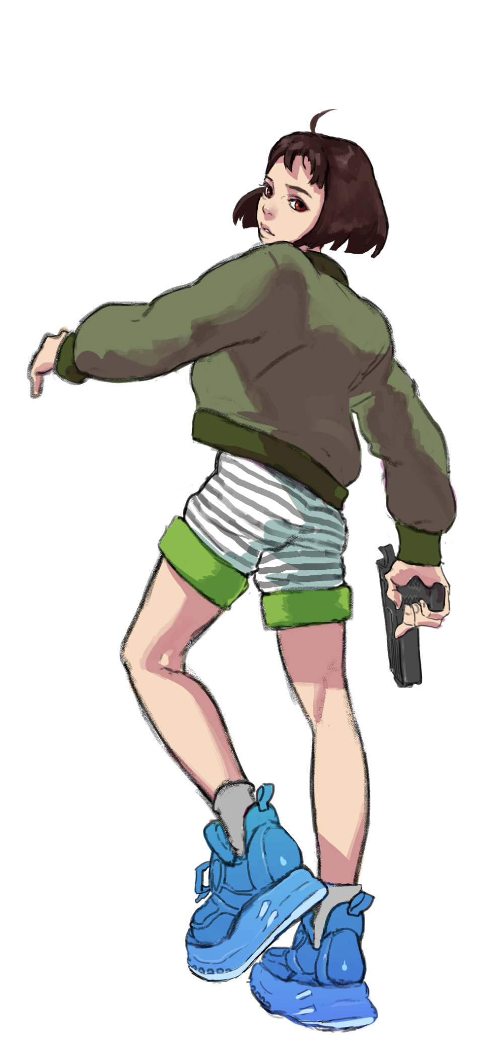 1girl ahoge arm_up blue_shoes brown_hair finger_on_trigger foot_up from_behind green_jacket green_trim grey_shorts gun handgun high_tops highres holding holding_gun holding_weapon jacket kneepits leon_the_professional lips looking_at_viewer looking_back mathilda_lando parted_lips red_eyes shoes shorts simple_background sneakers solo sora-bakabon striped_clothes striped_shorts weapon white_background white_shorts