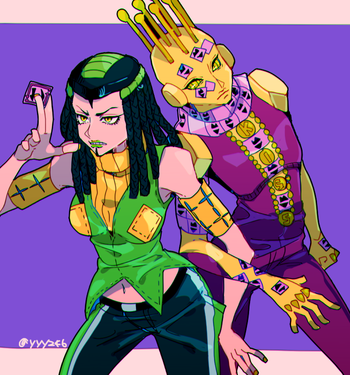 2girls border chromatic_aberration ermes_costello green_eyes dreadlocks jojo_no_kimyou_na_bouken kiss_(stand) multiple_girls simple_background stand_(jojo) sticker stone_ocean yyy246
