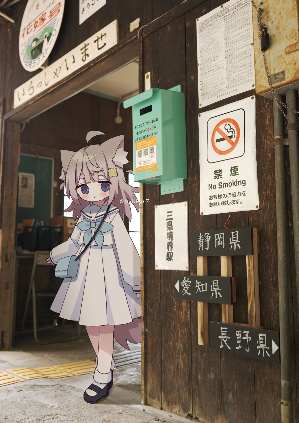 1girl ahoge animal_ear_fluff animal_ears bag black_shoes brown_hair building day highres long_hair long_sleeves looking_at_viewer nakkar no_smoking original parted_lips photo_background pleated_skirt puffy_long_sleeves puffy_sleeves purple_eyes sailor_collar school_uniform serafuku shirt shoes short_eyebrows shoulder_bag sign skirt sleeves_past_wrists socks solo tail thick_eyebrows translation_request twitter_username white_sailor_collar white_shirt white_skirt white_socks