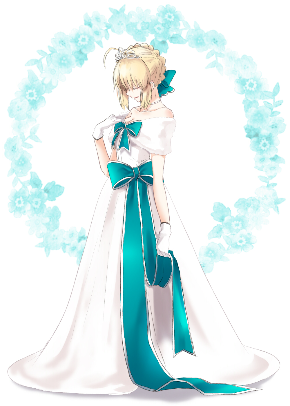 1girl ahoge aqua_bow artoria_pendragon_(fate) blonde_hair bow braid braided_bun breasts cleavage closed_eyes collarbone diadem dress fate/stay_night fate_(series) female_focus full_body gloves hair_bow hair_bun heroic_spirit_formal_dress highres jewelry medium_breasts necklace official_alternate_costume ro96cu saber_(fate) saber_(formal_dress)_(fate) short_hair_with_long_locks sidelocks single_hair_bun solo standing white_background white_dress white_gloves