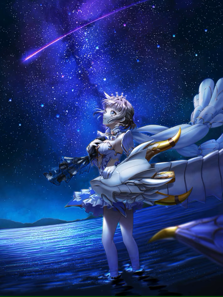 1girl baizu_(guszx) bare_shoulders blue_eyes blunt_bangs breasts brown_hair closed_mouth cowboy_shot dragon dress excellia_cruz from_side gloves hair_ornament headpat in_water lake large_breasts looking_up miniskirt night night_sky shironeko_project shooting_star short_hair skirt sky small_dragon star_(sky) starry_sky thighs water white_dragon wide_shot