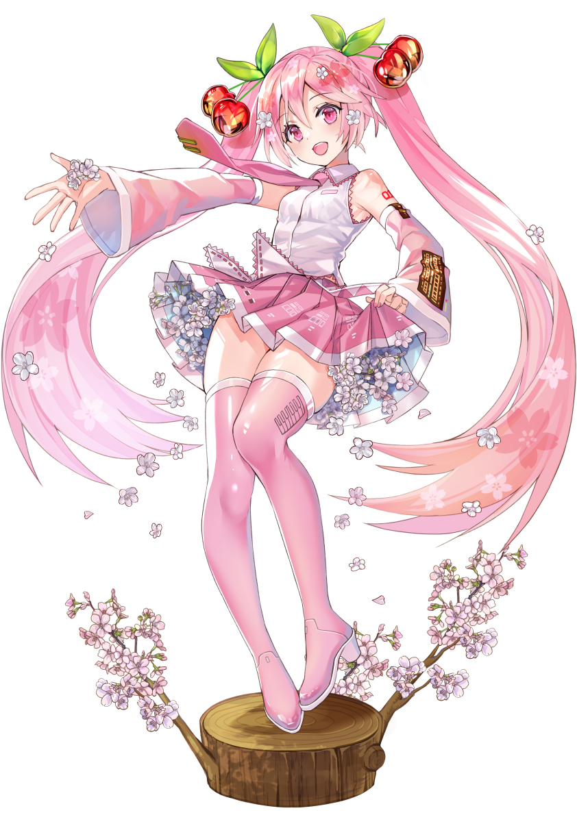 1girl :d bare_shoulders blush boots breasts cherry_hair_ornament collared_shirt commentary_request detached_sleeves dress_shirt flower food-themed_hair_ornament full_body hair_between_eyes hair_ornament hatsune_miku jin_young-in long_hair long_sleeves looking_at_viewer necktie open_mouth outstretched_arm pink_boots pink_hair pink_necktie pink_skirt pink_sleeves pleated_skirt red_eyes sakura_miku shirt simple_background skirt sleeveless sleeveless_shirt small_breasts smile solo thigh_boots tie_clip twintails very_long_hair vocaloid white_background white_flower white_shirt wide_sleeves