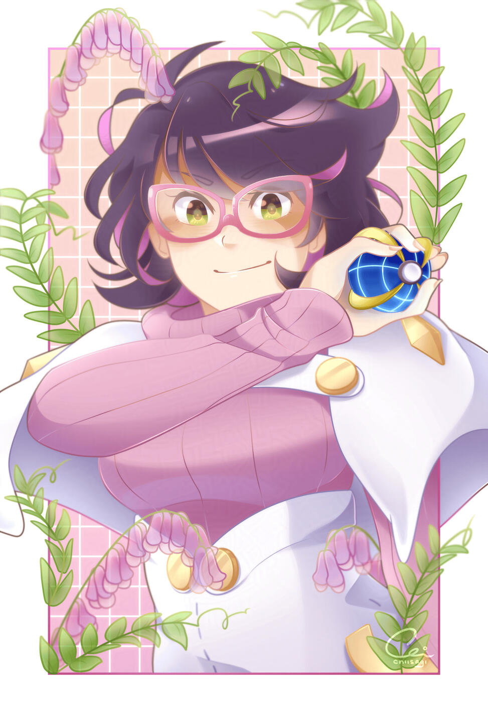 1girl arm_at_side beast_ball big_hair breasts capelet chibbunly flower glasses green_eyes high-waist_skirt highres holding holding_poke_ball large_breasts long_sleeves mature_female medium_skirt nintendo pencil_skirt pink-framed_eyewear pink_sweater poke_ball pokemon pokemon_sm purple_hair ribbed_sweater short_hair skirt smile solo sweater sweater_guard turtleneck turtleneck_sweater v-shaped_eyebrows white_capelet white_skirt wicke_(pokemon)
