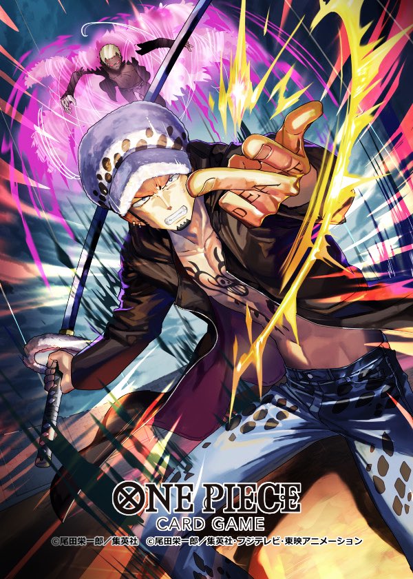 2boys black_coat blonde_hair chest_tattoo clenched_teeth coat commentary_request copyright_name denim donquixote_doflamingo facial_hair goatee hand_tattoo hat holding holding_sword holding_weapon jeans looking_at_viewer male_focus matsumoto_akira multiple_boys official_art one_piece one_piece_card_game pants sunglasses sword tattoo teeth trafalgar_law weapon