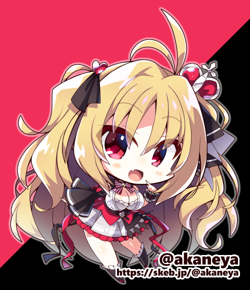 1girl :d akaneya antenna_hair black_background black_ribbon blonde_hair blush_stickers breasts chibi chibi_only cleavage commentary_request commission crown dress eyes_visible_through_hair fang flip_flop_~innocence_overclock~ frilled_dress frills full_body hair_between_eyes hair_intakes hair_ornament hair_ribbon hand_up happy heart heart_hair_ornament index_finger_raised io_(flip_flop) large_breasts long_hair long_sleeves looking_at_viewer mini_crown open_mouth outline red_background red_eyes ribbon short_dress simple_background skeb_commission skin_fang smile solo standing twitter_username two-tone_background two_side_up very_long_hair wavy_hair white_dress wide_sleeves