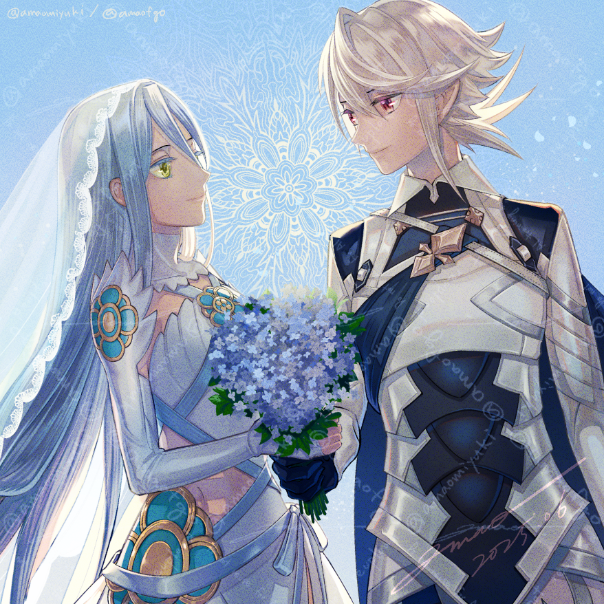 1boy 1girl amao_miyuki armor azura_(fire_emblem) blue_hair bouquet bridal_veil cape dated detached_sleeves double-parted_bangs dress elbow_gloves fire_emblem fire_emblem_fates floating_hair flower gloves hair_between_eyes holding holding_bouquet long_hair male_corrin_(fire_emblem) mullet nintendo parted_bangs red_eyes short_hair sidelocks signature smile twitter_username upper_body veil watermark white_dress white_hair yellow_eyes