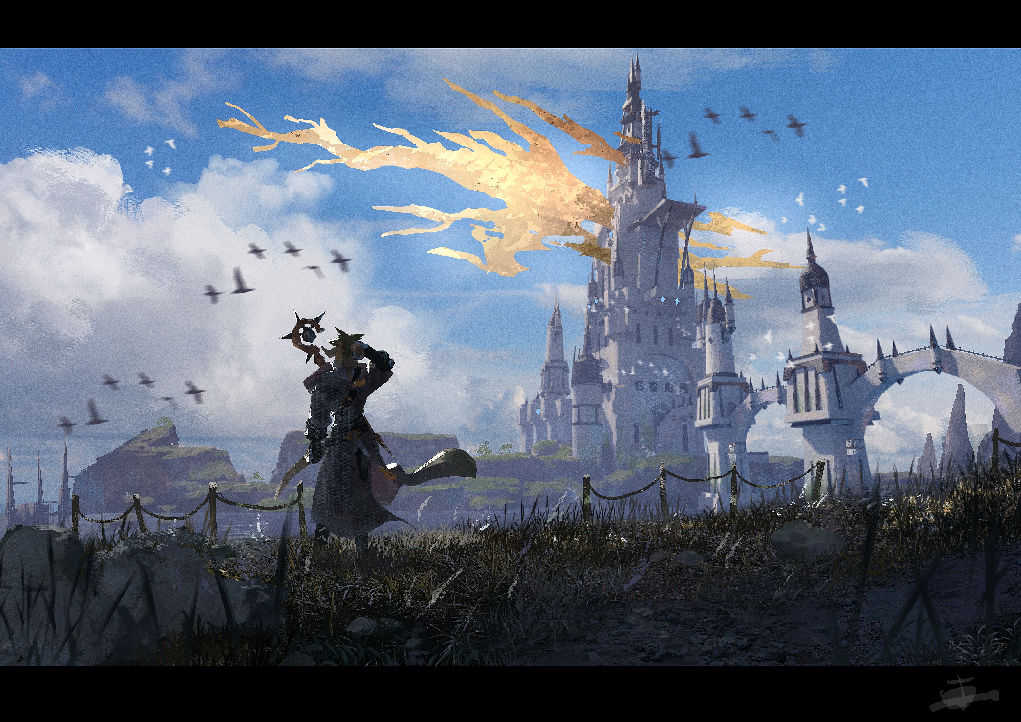 1boy absurdres blue_sky bridge cloud cloudy_sky day final_fantasy final_fantasy_xiv grass highres in-universe_location letterboxed limsa_lominsa outdoors rakka_damage rock scenery simple_bird sky staff standing warrior_of_light_(ff14) wide_shot