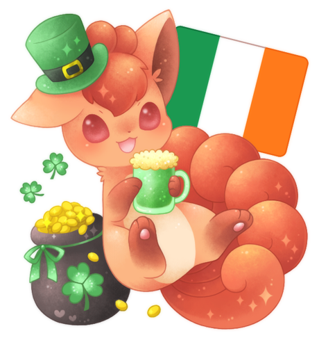 :3 :d beer_mug blush clothed_pokemon clover coin cup flag_background fox full_body gen_1_pokemon green_hat green_ribbon hat holding holding_cup irish_flag jug_(bottle) looking_at_viewer lowres money mug multiple_tails nintendo no_humans open_mouth pokemon pokemon_(creature) purple_eyes ribbon saint_patrick&#039;s_day smile sparkle tail ten&#039;on_(amane09) top_hat vulpix