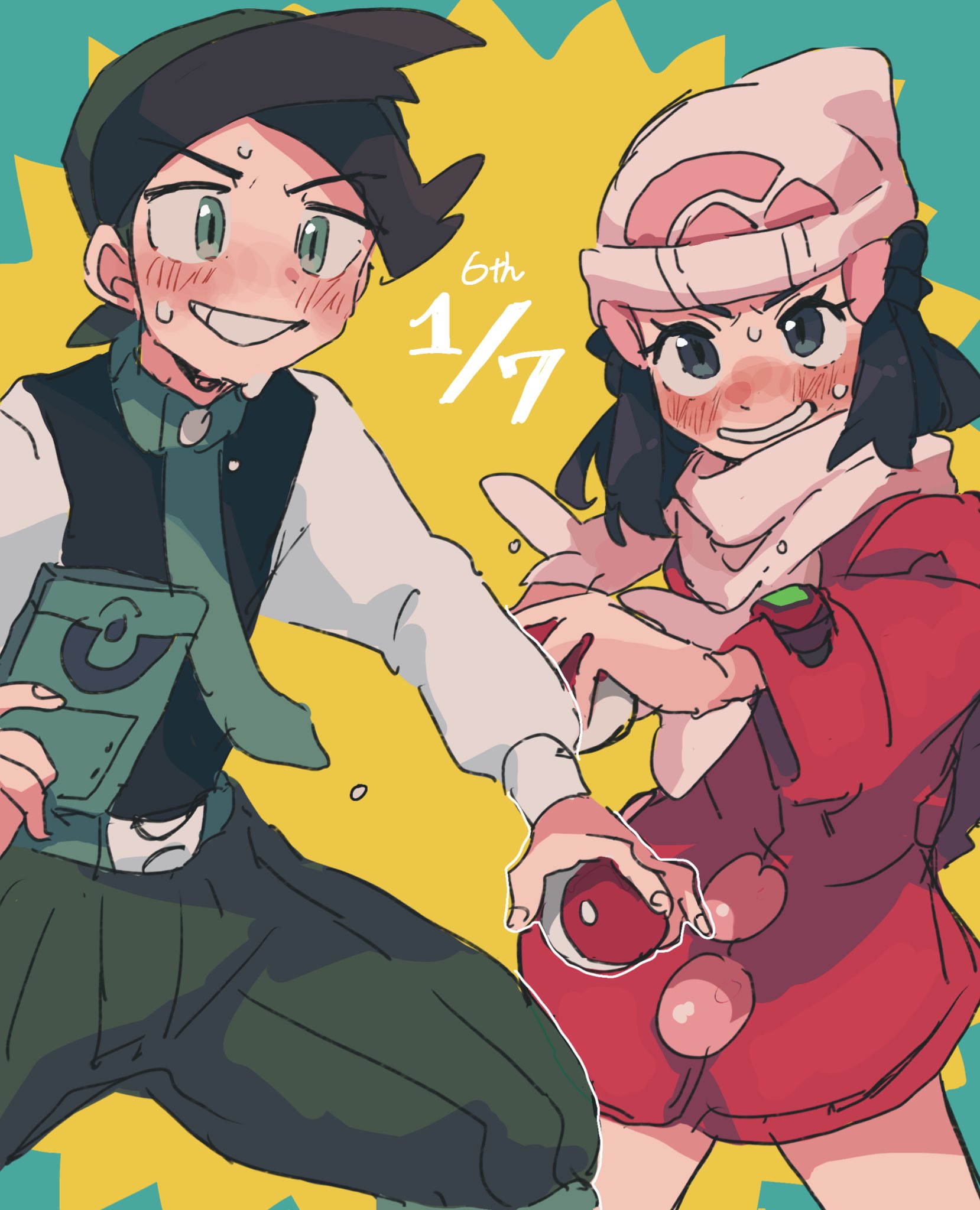 1boy 1girl beanie black_hair black_shirt blue_background blue_eyes blush coat dawn_(pokemon) green_eyes green_hair green_necktie green_pants hat highres holding holding_poke_ball looking_at_another multicolored_clothes multicolored_hair necktie nintendo pants pink_coat poke_ball pokemon pokemon_dppt pokemon_platinum scarf shirt sweatdrop thorton_(pokemon) two-tone_hair watch white_scarf white_shirt yellow_background yusho_(ossm03)