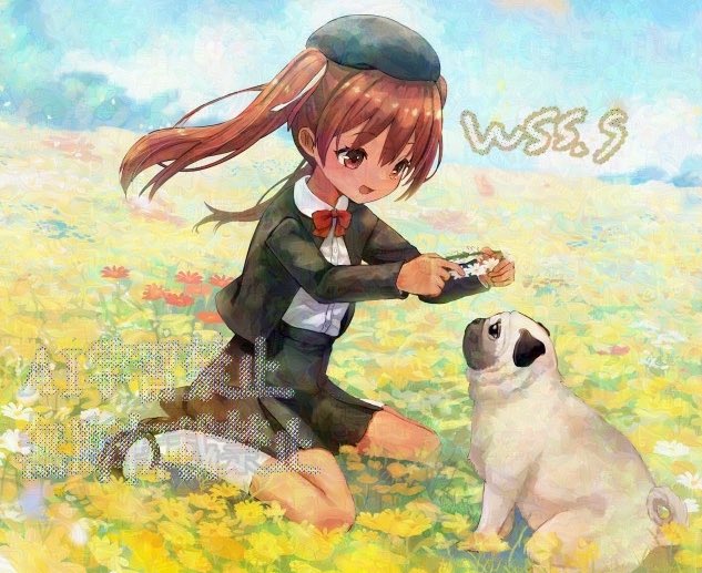 1girl adversarial_noise artist_name beret black_hat black_jacket black_skirt blue_sky brown_eyes brown_hair cloud collared_shirt commission dark-skinned_female dark_skin day dog dress_shirt hat jacket kantai_collection libeccio_(kancolle) long_hair official_alternate_costume outdoors pug shirt skeb_commission skirt sky twintails watermark white_shirt wss_(nicoseiga19993411)