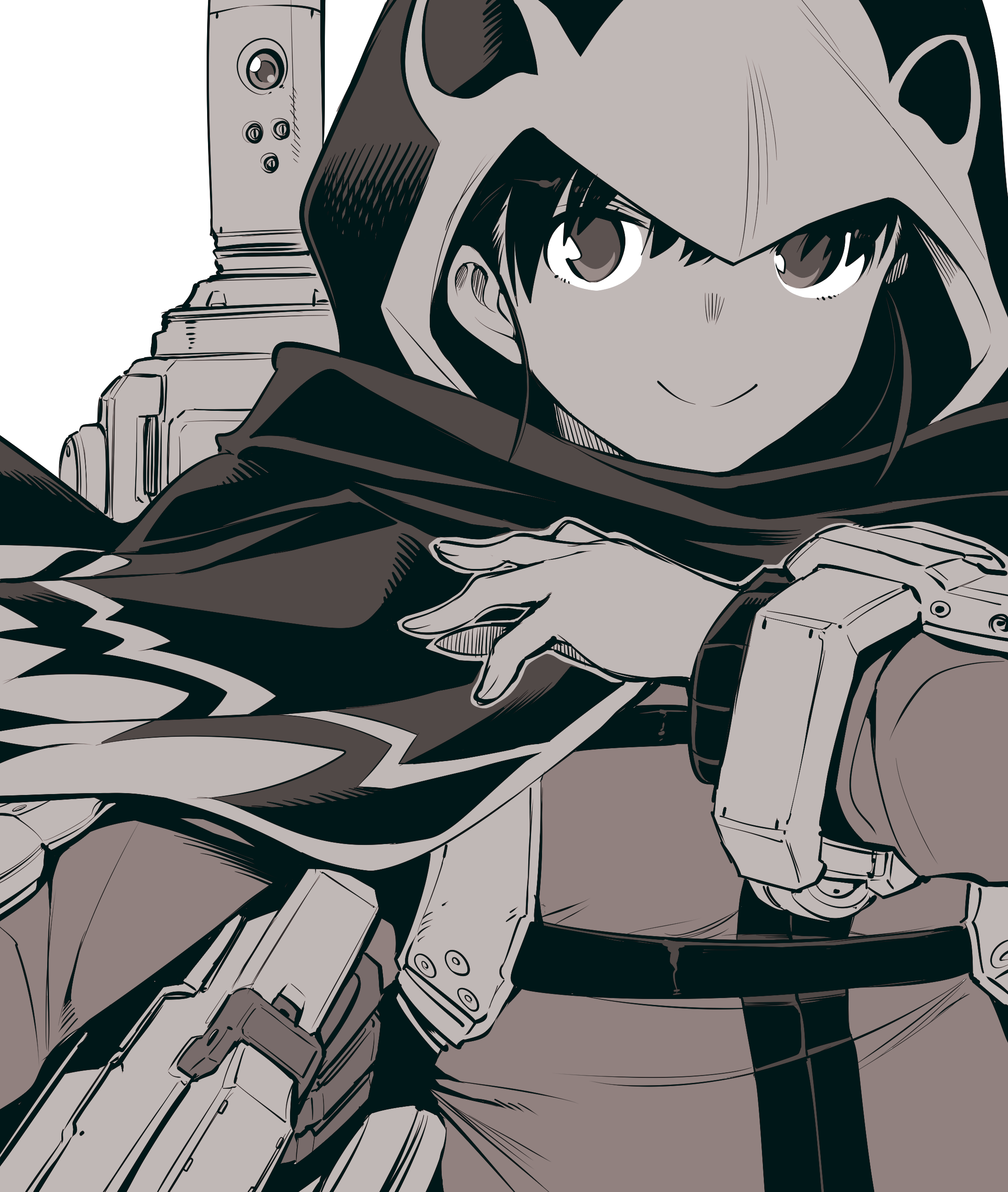 1girl absurdres black_hair close-up exoskeleton fingernails greyscale hand_up hatching_(texture) hawkeyes_(mechanical_buddy_universe) highres hood hoodie kato_takuji looking_at_viewer mechanical_buddy_universe monochrome riika_rikkinen_(mechanical_buddy_universe) robot science_fiction simple_background smile white_background