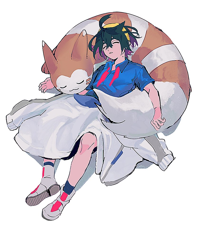 1boy :3 black_hair blue_shirt blue_socks closed_eyes collared_shirt commentary furret gen_2_pokemon hair_between_eyes hairband jacket kieran_(pokemon) male_focus mole mole_on_neck multicolored_hair nintendo parted_lips pokemon pokemon_(creature) pokemon_sv purple_hair shirt short_sleeves simple_background sleeping socks ss_un17 unworn_jacket white_background white_footwear white_jacket yellow_hairband