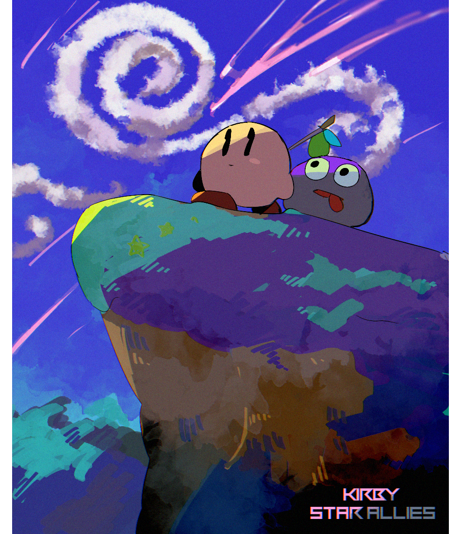 2boys bad_id bad_pixiv_id blue_sky cliff cloud copyright_name gooey_(kirby) kirby kirby_star_allies kirby_(series) multiple_boys nintendo outdoors sky soumenhiyamugi tongue tongue_out