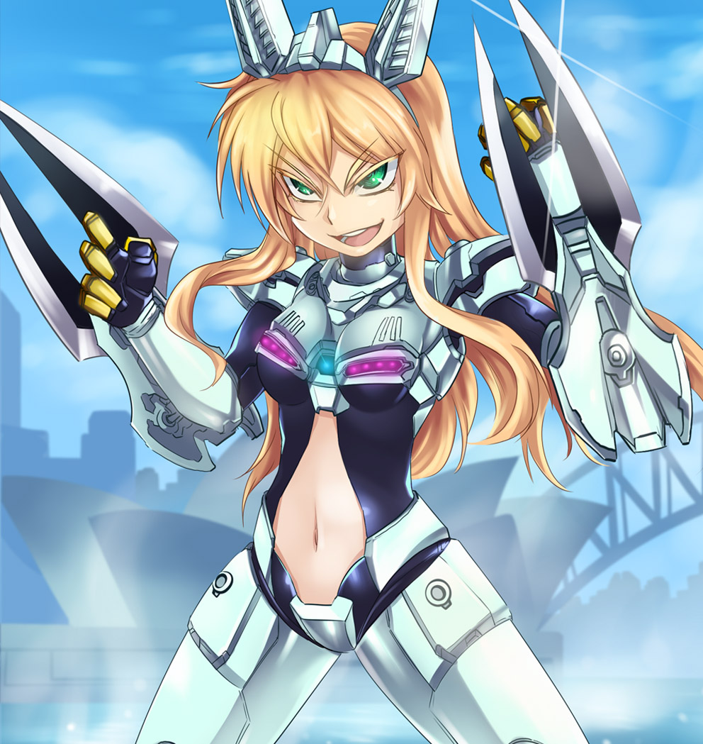 1girl 4.211_brass_knuckles arm_blade assault_mount_3.25_sting-blades australia blonde_hair brass_knuckles bridge clothing_cutout dos_(james30226) female_focus green_eyes headgear jaeger_(pacific_rim) legendary_pictures long_hair mecha_musume navel navel_cutout pacific_rim pan_pacific_defense_corps personification real_world_location solo striker_eureka sydney sydney_(city) sydney_opera_house weapon wrist_blades