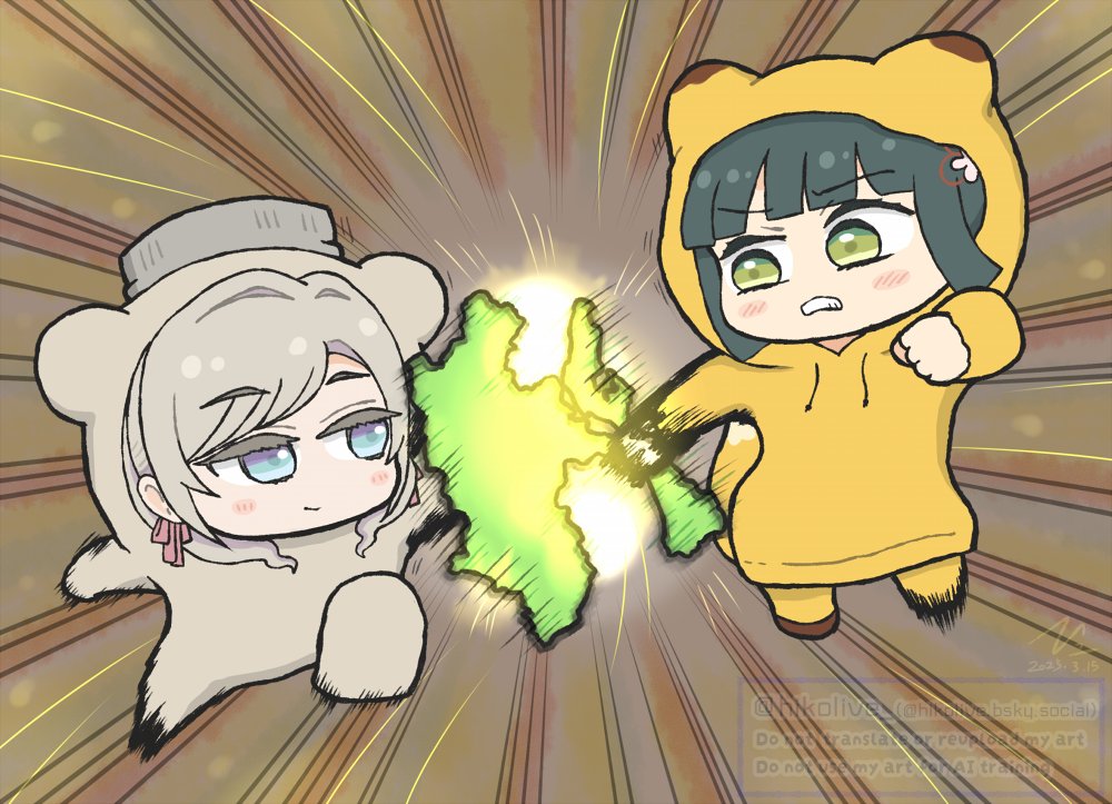 2girls alternate_costume animal_costume animal_ears animal_hood bear_costume black_hair blue_eyes bluesky_username blunt_bangs blunt_ends blush bob_cut brown_background ceras_yanagida_lilienfeld chibi chibi_only clash clenched_teeth closed_mouth commentary dated emphasis_lines eye_contact flower flower_knot fox_ears fox_hood fox_tail green_eyes grey_hair hair_flower hair_ornament hair_ribbon hashtag-only_commentary hiko_(hikolive) holding holiday_holiday_(love_live!) holiday_holiday_(tenko)_(love_live!) hood ishikawa_prefecture jitome link!_like!_love_live! long_hair long_sleeves looking_at_another love_live! momose_ginko multiple_girls nagano_prefecture official_alternate_costume pants pink_ribbon raised_eyebrow ribbon short_hair signature smear_frame smile smirk swept_bangs tail teeth twitter_username unconventional_weapon watermark yellow_pants