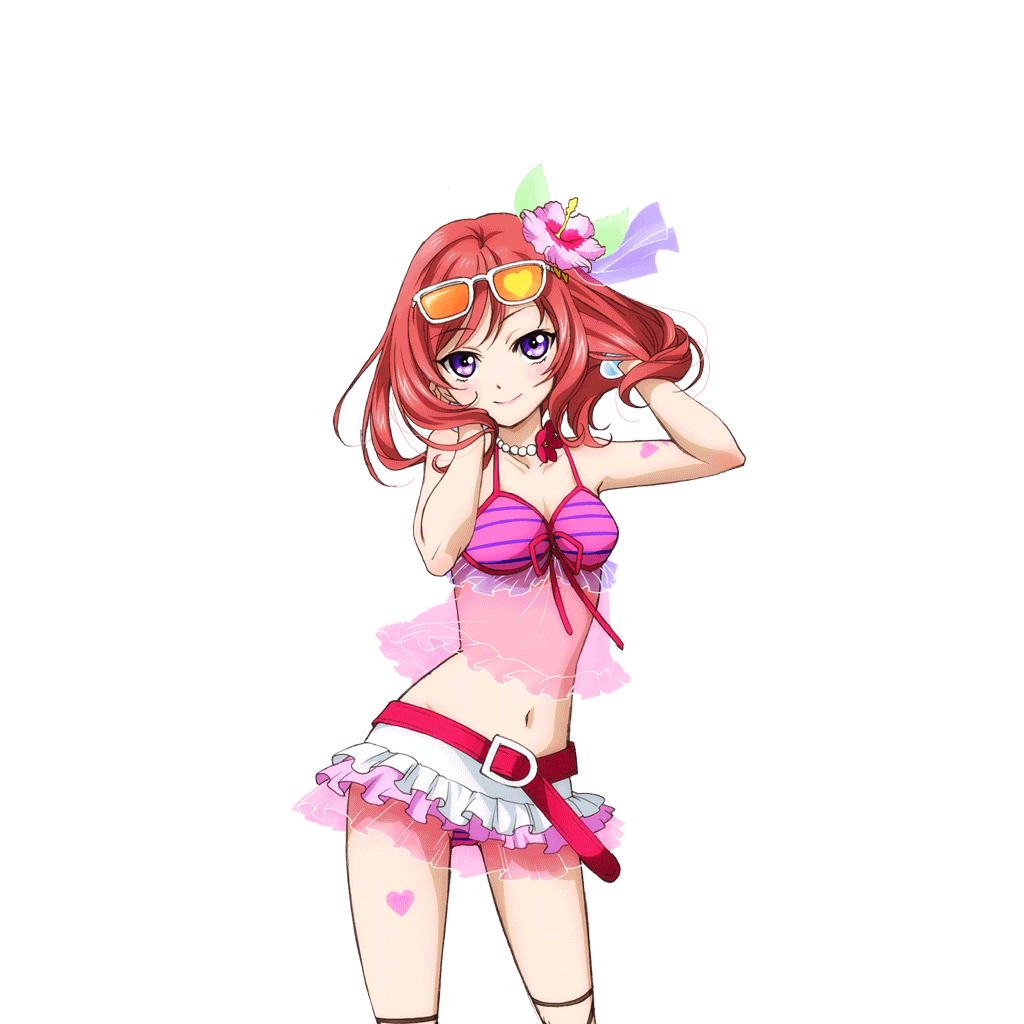 1girl anime_coloring ankle_lace-up arm_tattoo bare_shoulders belt belt_buckle bikini bikini_skirt blush bracelet breasts buckle cleavage closed_mouth cowboy_shot eyewear_on_head flower frilled_bikini frilled_skirt frills front-tie_top hair_flower hair_ornament hands_in_own_hair hands_up heart heart_tattoo hibiscus jewelry leg_tattoo looking_at_viewer love_live! love_live!_school_idol_festival love_live!_school_idol_project medium_hair midriff natsuiro_egao_de_1_2_jump! navel necklace nishikino_maki official_art pearl_necklace pink_belt pink_flower pink_lips purple_eyes red_bikini red_flower red_hair see-through_clothes see-through_frills skirt smile solo string_bikini striped_bikini striped_clothes sunglasses swimsuit tattoo tinted_eyewear transparent_background