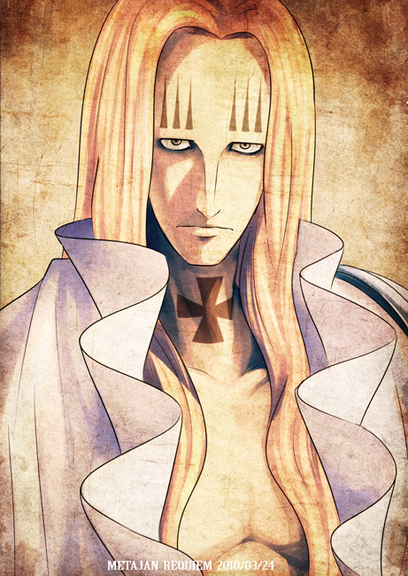 1boy armor basil_hawkins blonde_hair closed_mouth collarbone commentary_request cross cross_patty dated facial_mark k-suwabe long_hair looking_at_viewer male_focus one_piece open_clothes pauldrons shoulder_armor single_pauldron solo