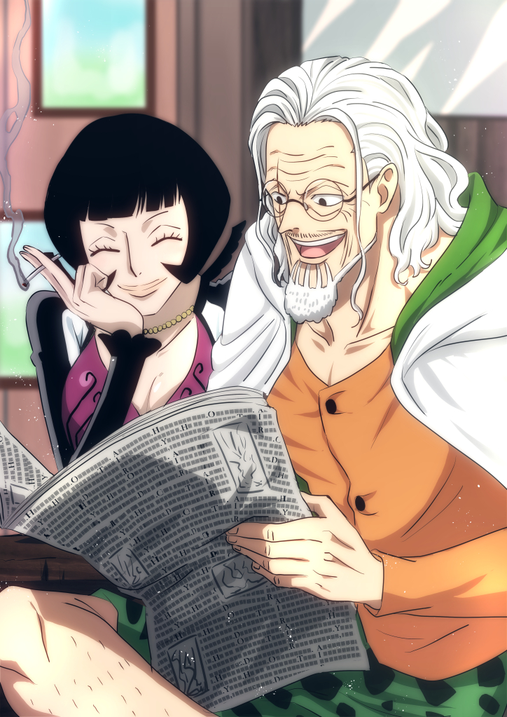 1boy 1girl ^_^ beard black_hair bob_cut cigarette cloak closed_eyes facial_hair glasses hair_slicked_back holding holding_cigarette holding_newspaper hood hooded_cloak jewelry leg_hair musasabiop necklace newspaper one_piece orange_shirt pearl_necklace scar scar_across_eye scar_on_face shakuyaku_(one_piece) shirt silvers_rayleigh white_hair