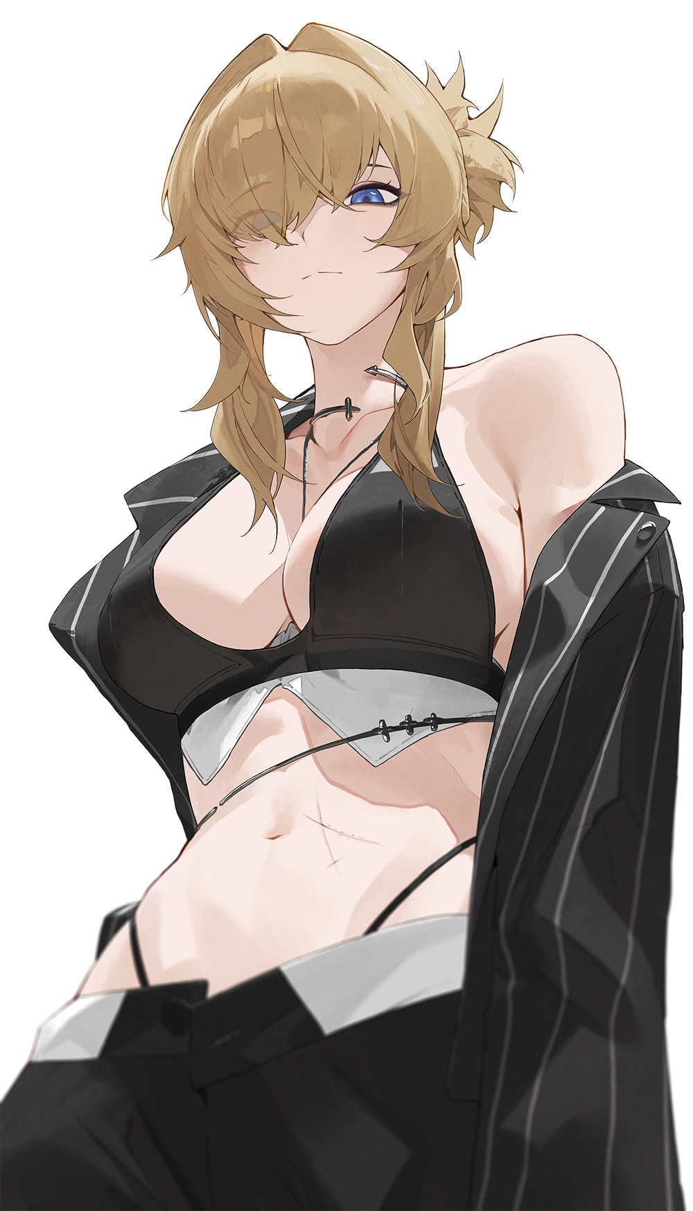 1girl bare_shoulders breasts choker cleavage commentary cross cross_choker formal_clothes goddess_of_victory:_nikke grave_(beautiful_you)_(nikke) grave_(nikke) highres kji_(rozo) large_breasts leather_bikini long_hair long_sleeves looking_at_viewer multiple_scars navel official_alternate_costume official_alternate_hairstyle pinstripe_jacket pinstripe_pattern pinstripe_suit scar scar_on_stomach simple_background single_bare_shoulder solo suit white_background