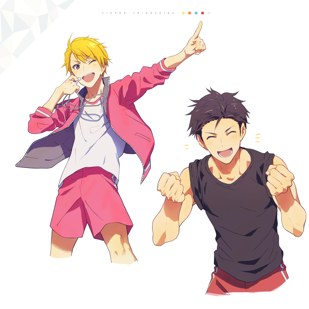 2boys ahoge black_shirt blonde_hair clenched_hands closed_eyes holding holding_whistle idolmaster idolmaster_side-m index_finger_raised jacket kimura_ryu lower_teeth_only maita_rui male_focus map_(map_imas) multiple_boys open_clothes open_jacket open_mouth pink_jacket pink_shorts shirt shorts sleeveless sleeveless_shirt teeth whistle