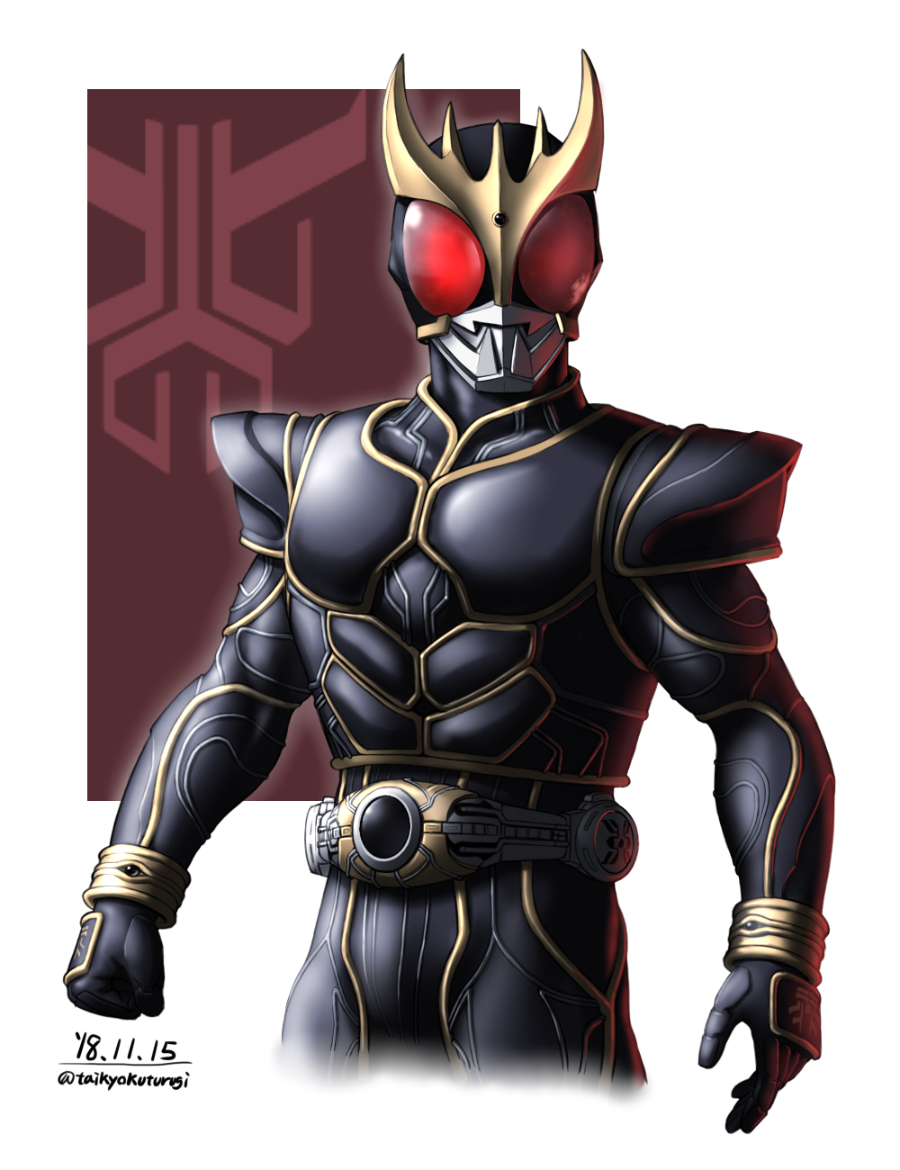 1boy arcle_(kuuga) armor beetle bodysuit bug commentary_request helmet highres horns insect kamen_rider kamen_rider_kuuga kamen_rider_kuuga_(series) kamen_rider_kuuga_(ultimate_form) looking_at_viewer male_focus red_eyes rider_belt solo spikes stag_beetle taikyoku_tsurugi thumbs_up tokusatsu