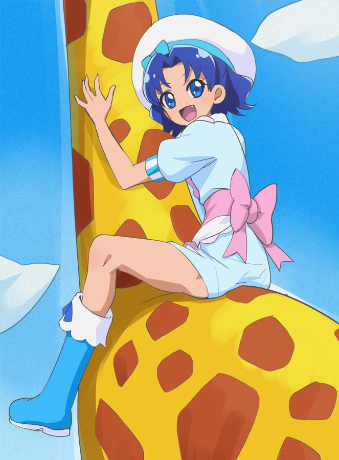 10s 1girl :d beret blue_boots blue_eyes blue_hair boots fang female_focus haruyama_kazunori hat kirakira_patisserie_uniform kirakira_precure_a_la_mode open_mouth precure short_hair sitting smile solo tategami_aoi