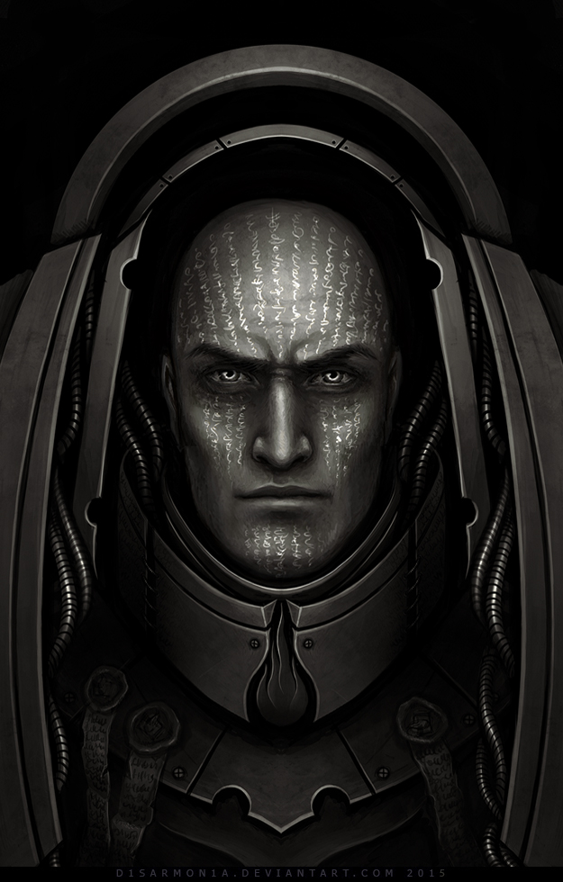 1boy armor bald black_background breastplate closed_mouth commentary dated deviantart_username english_commentary facial_tattoo looking_at_viewer lorgar_aurelian male_focus monochrome portrait power_armor primarch simple_background solo straight-on tattoo veronica_anrathi warhammer_40k watermark web_address word_bearers