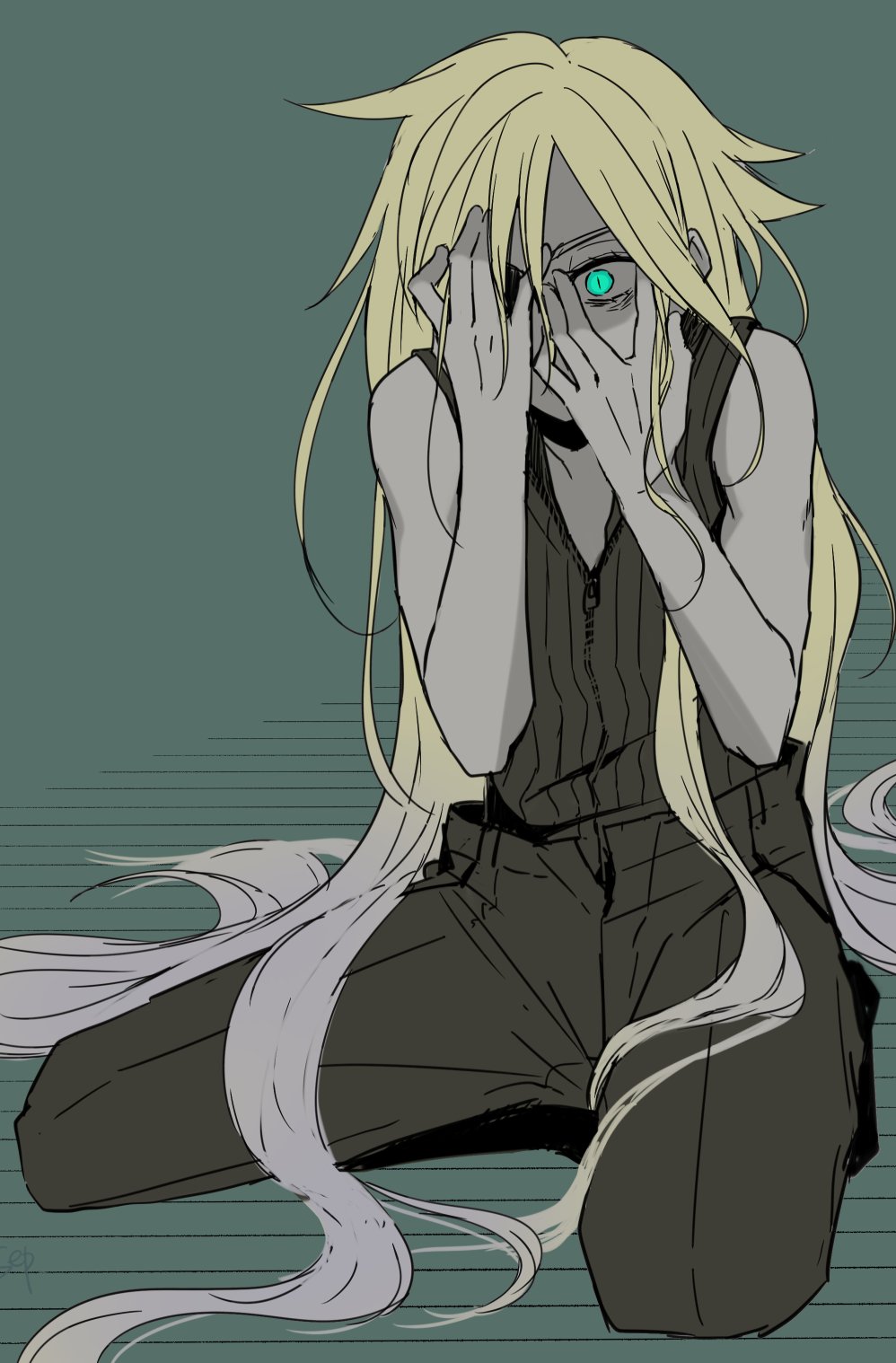 1boy alternate_hairstyle black_pants blonde_hair cloud_strife commentary_request covering_one_eye dark_persona despair final_fantasy final_fantasy_vii final_fantasy_vii_advent_children glowing glowing_eyes grey_hair hands_on_own_face highres knckcsp long_hair male_focus multicolored_hair pants possessed shirt sleeveless sleeveless_shirt slit_pupils two-tone_hair