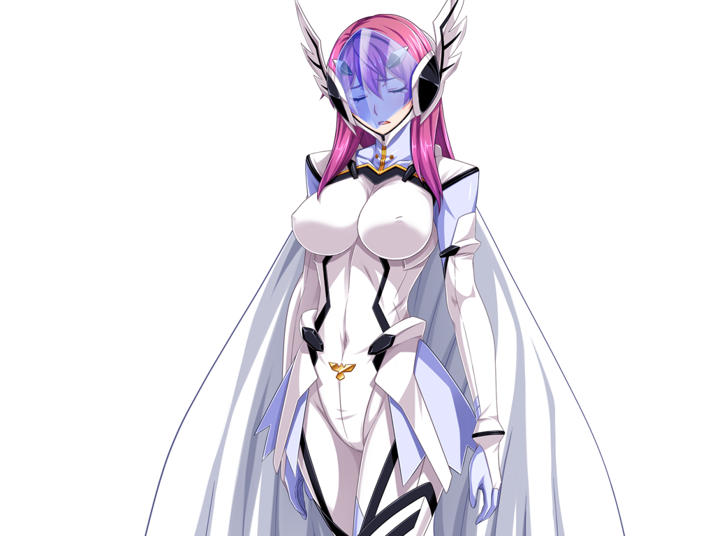 1girl blue_skin blush bodysuit breasts cape closed_eyes colored_skin covered_erect_nipples covered_navel face_shield game_cg gentle_sasaki helmet large_breasts long_hair non-web_source official_art open_mouth pink_hair prism_reica shindou_hatsune solo soukou_senki_prism_reica transparent_background