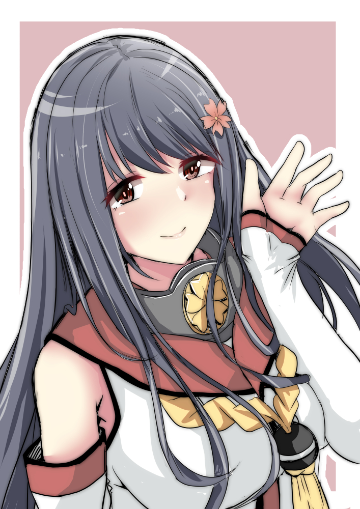1girl aga_marino alternate_costume bare_shoulders black_hair breasts cherry_blossoms collar cosplay detached_sleeves female_focus flower fusou_(kancolle) hair_flower hair_ornament kantai_collection large_breasts long_hair metal_collar red_eyes smile solo upper_body yamato_(kancolle) yamato_(kancolle)_(cosplay)