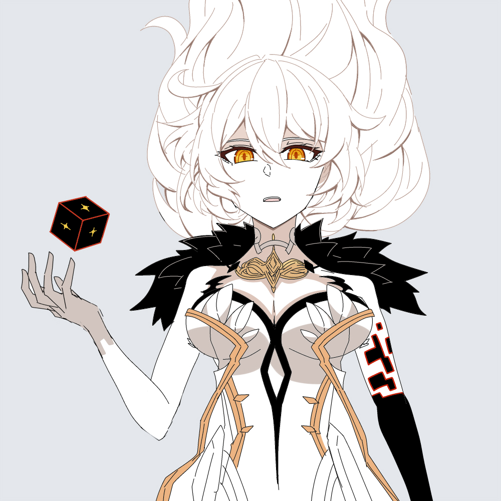 1girl bare_shoulders breasts cleavage colored_extremities cube floating_hair fur_trim genshin_impact grey_background hair_between_eyes hair_floating_upwards hand_up large_breasts long_hair nabeiro_kin object_floating_above_hand open_mouth simple_background solo unknown_god_(genshin_impact) upper_body white_hair yellow_eyes